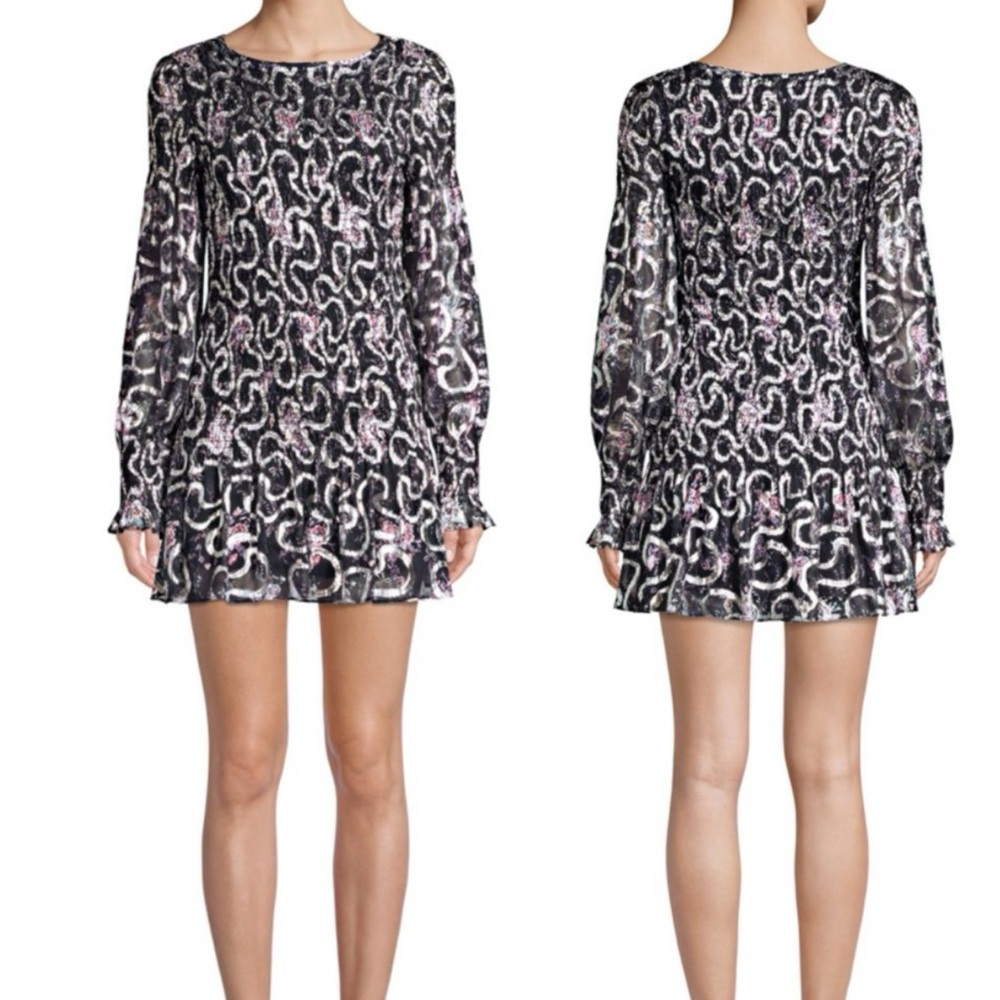 LoveShackFancy Scarlett Chiffon Floral Smocked Metallic Silk Mini Dress, size XS